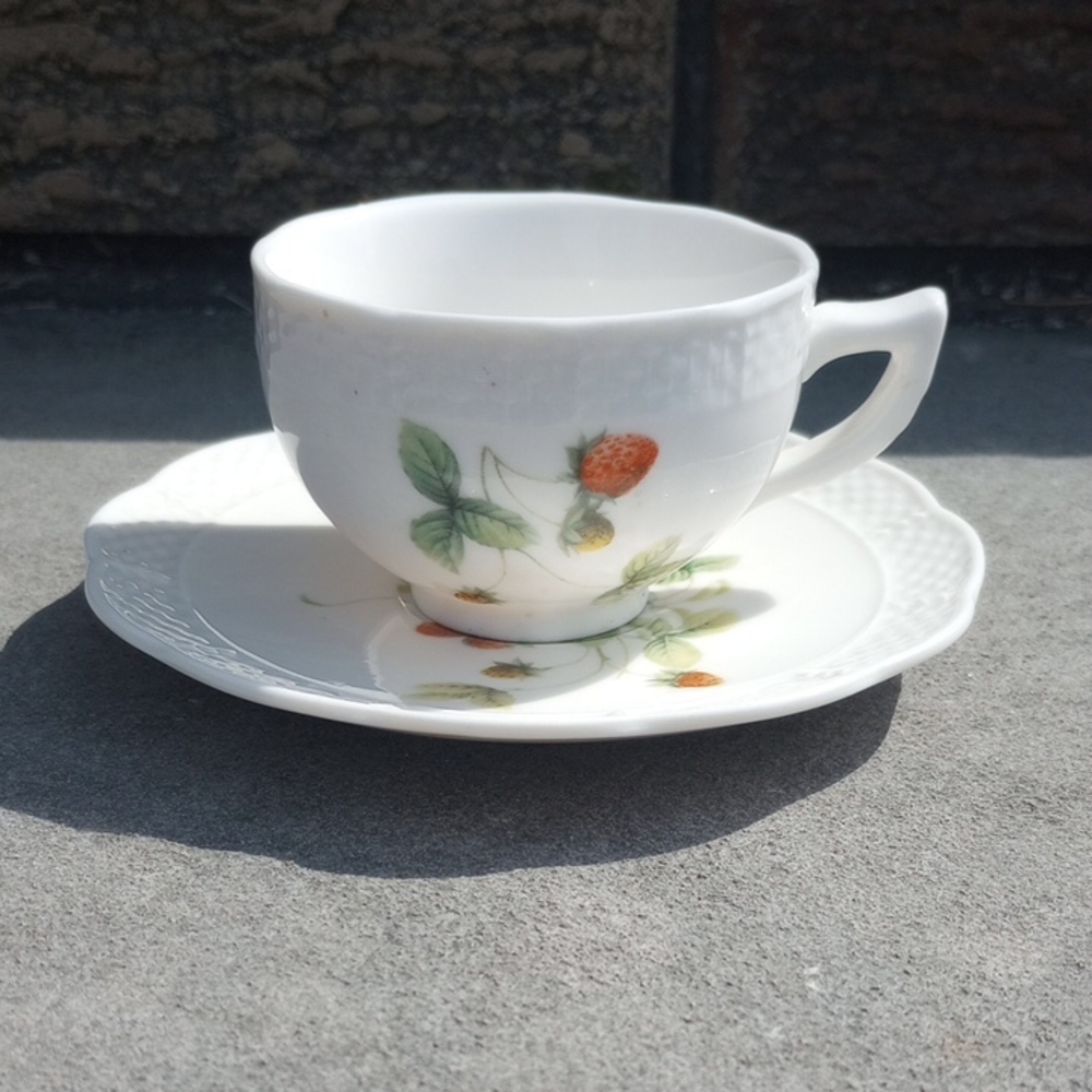 Nantucket Home Ceramic Strawberry & Floral Teacup & Saucer. White Red Green